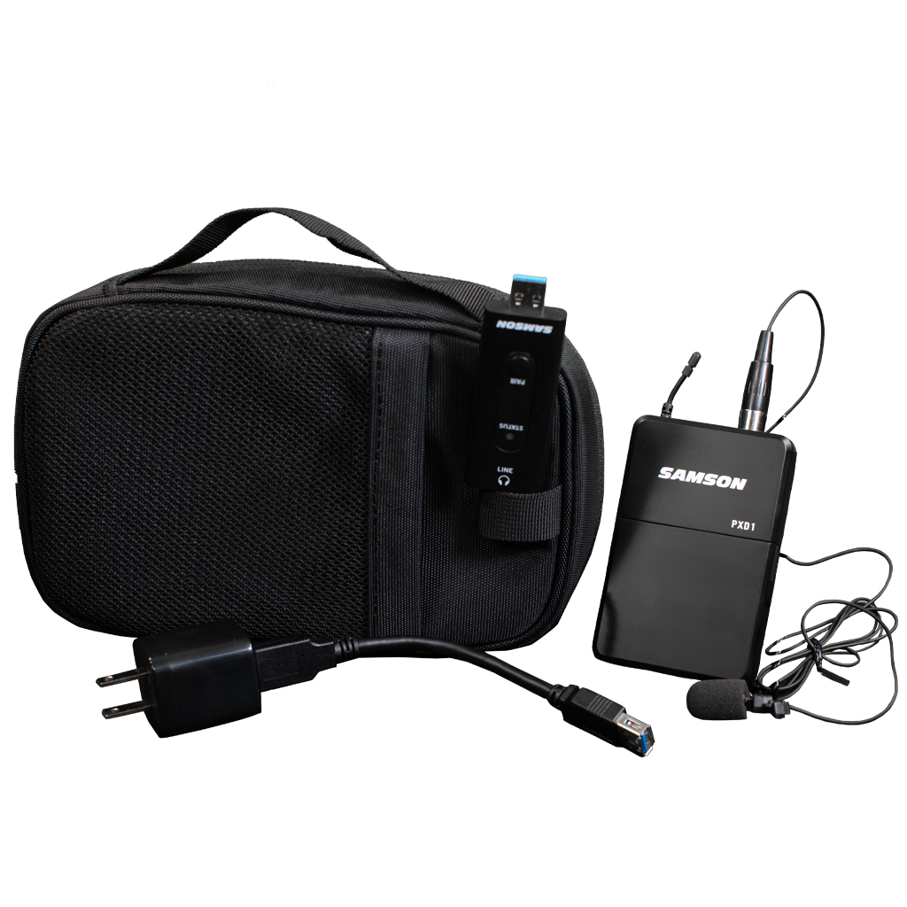 Image of wireless microphone unit and carrying bag.